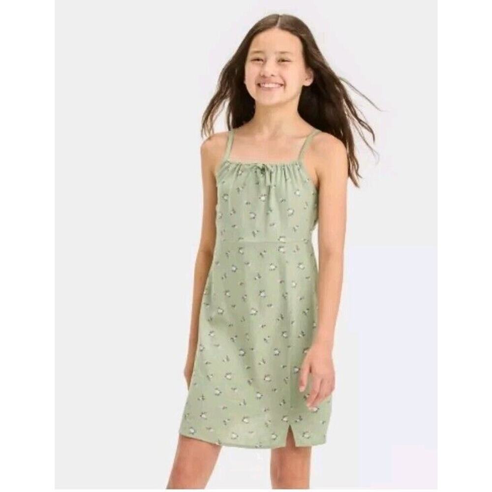 Art Class Cami Dress Girls Size 14 Green Linen Floral 5678